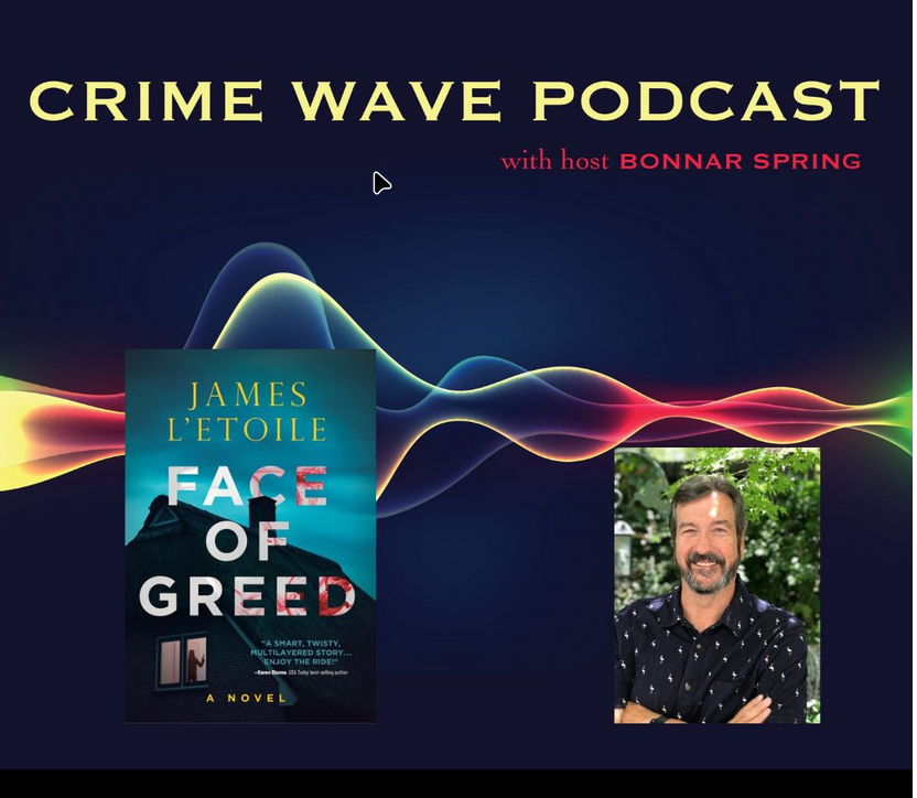 author James L'Etoile pictured next to the cover of his book, Face of Greed, under the Crimewave banner.